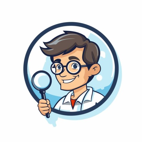 Scientist man holding magnifying glass. Vector illustration in c