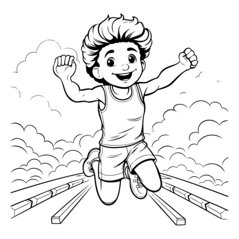 Black and White Cartoon Illustration of Little Boy Jumping on Tr