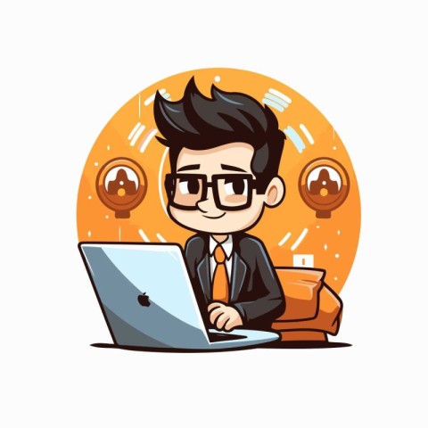 Businessman working on laptop in office. Vector cartoon characte