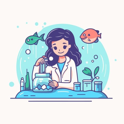 Vector illustration of a girl in a lab coat holding a glass jar