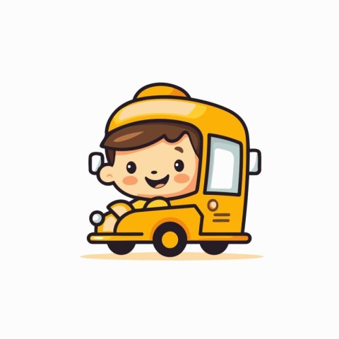 Cute Boy Driving School Bus Vector Illustration on White Backgro