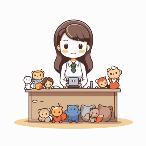 Cute little girl working in the office with toys. Vector illustr