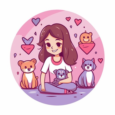 Cute girl with cats. Vector illustration in a flat style.