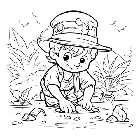 Black and White Cartoon Illustration of Little Boy in the Jungle