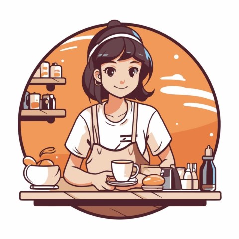 Coffee shop. Girl in apron with a cup of coffee. Vector illustra