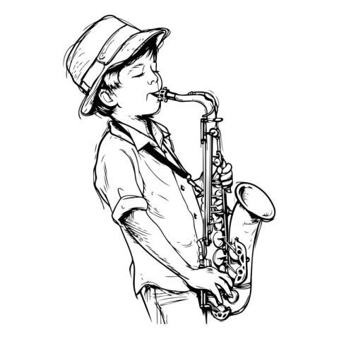 sketch of a boy playing the saxophone on a white background