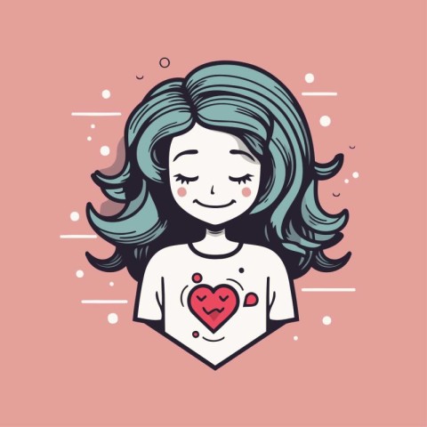 Vector illustration of a cute girl with long hair and heart in h