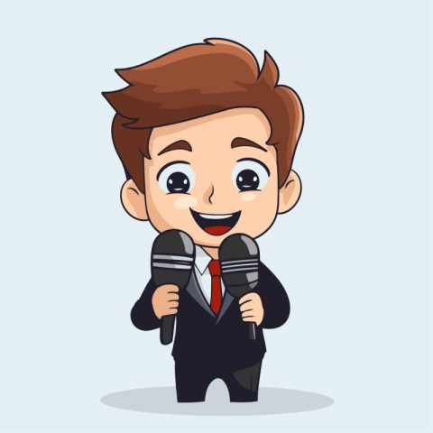 Cute boy holding a microphone. Vector cartoon character illustra