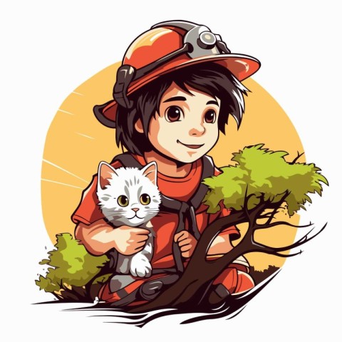 Cute little boy in firefighter costume with cat. Vector illustra