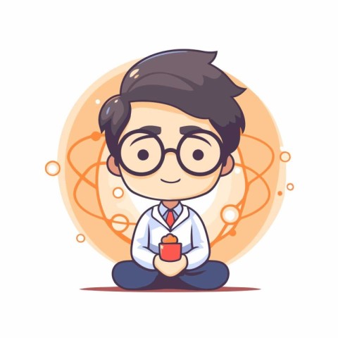 Cute boy in glasses with a cup of coffee. Vector illustration.