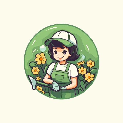 Girl gardener with flowers. Vector illustration in flat cartoon