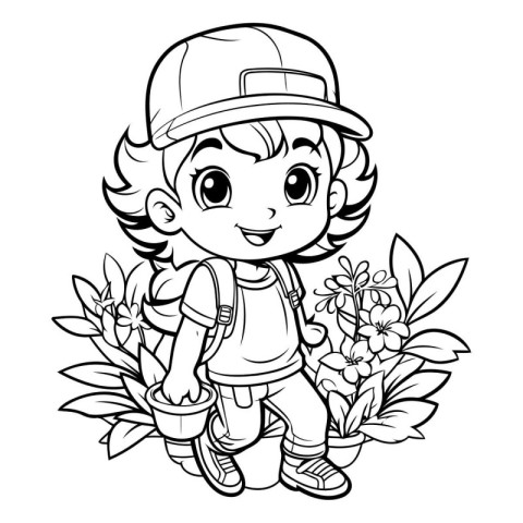 Coloring Page Outline Of a Cute Little Boy With Flowers