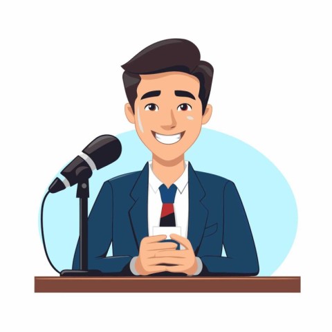 Businessman speaking on the microphone. Vector illustration in c