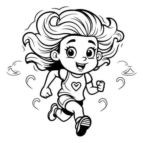 Black and White Cartoon Illustration of a Cute Girl Running or R