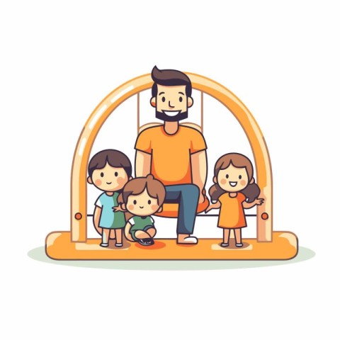 Father with kids playing on swing. Vector illustration in cartoo