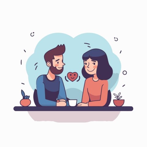 Couple in love sitting in cafe and drinking coffee. Vector illus