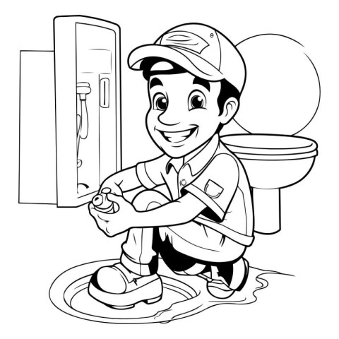 Black and White Cartoon Illustration of Male Plumber Repairing a