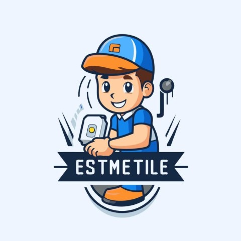 Cute boy with electrician logo. Vector illustration in cartoon s