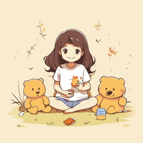 Cute little girl playing with teddy bears. Vector illustration.