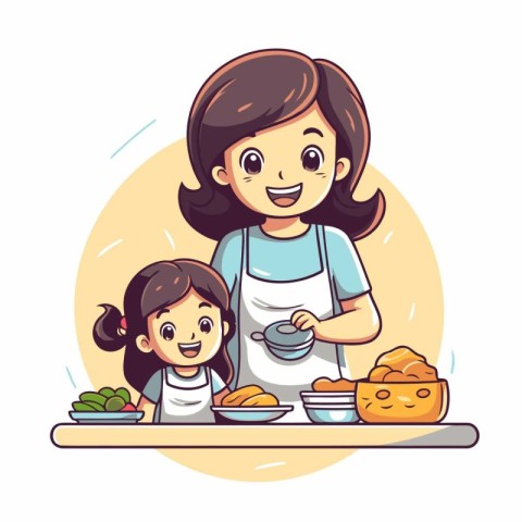 Mother and daughter cooking together in the kitchen. Vector illu