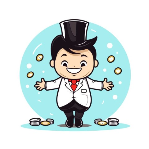 Businessman with coins. Cute cartoon character. Vector illustrat