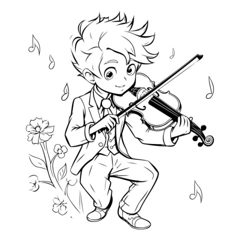 Boy playing violin. Black and white vector illustration for colo
