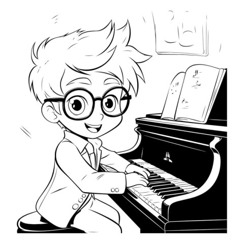 Boy playing the piano - black and white vector illustration for