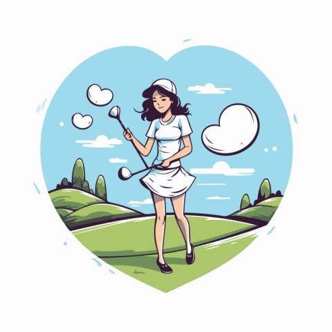 Golf player girl with club and ball in heart shape vector illust