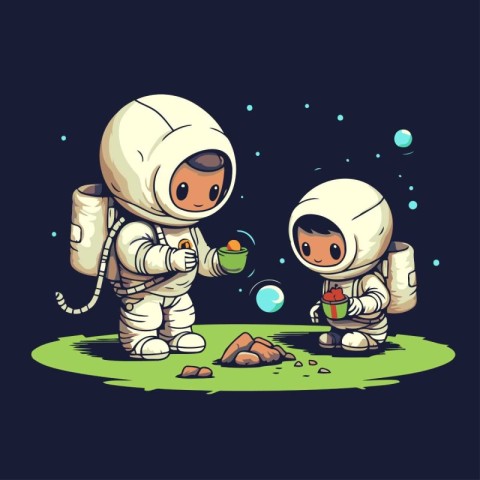 Astronaut boy and girl playing on the field. Vector illustration