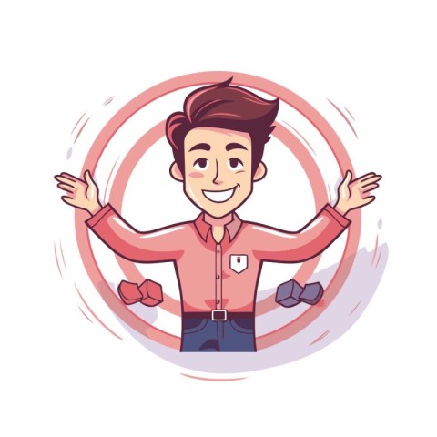 Happy young man with hands up in circle. Vector cartoon illustra