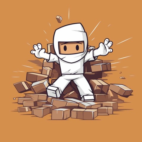 Vector illustration of a cartoon astronaut in a pile of bricks.