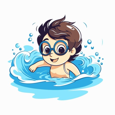 Cute little boy swimming in the pool. Vector cartoon illustratio