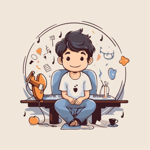 Cute little boy sitting at the table and playing computer games.