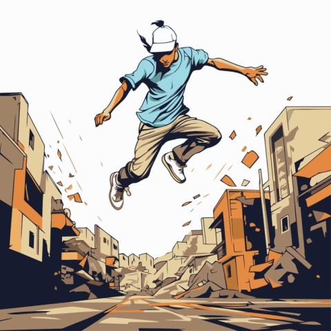 Vector illustration of a breakdancer jumping in a city street.