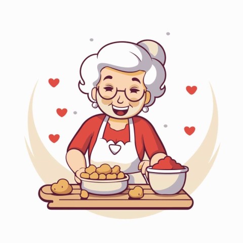 Elderly woman cooking at home. Vector illustration in cartoon st