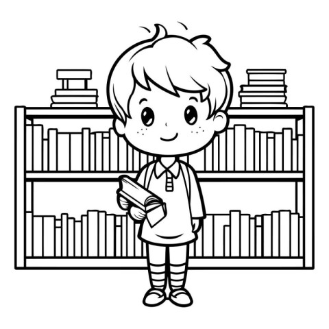 Boy reading a book in the library. black and white vector illust