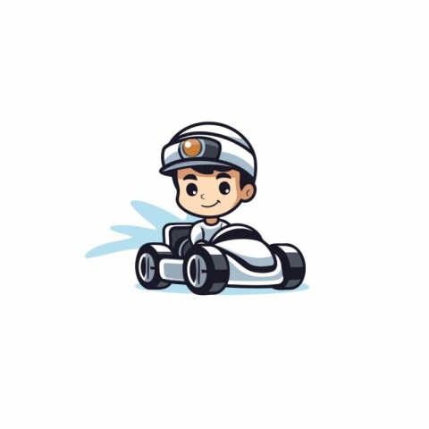 Cartoon boy driving a racing car. Vector illustration on white b