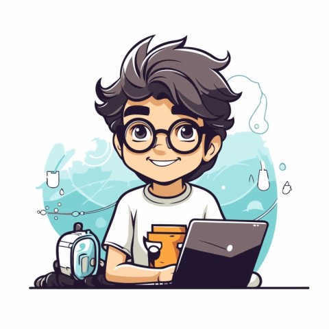 Cute boy with laptop and coffee cup. Vector illustration in cart