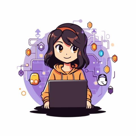 Girl with laptop. Cute girl with laptop. Vector illustration.