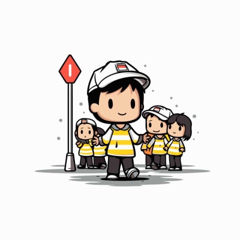 Fireman and children on white background. Vector illustration. E