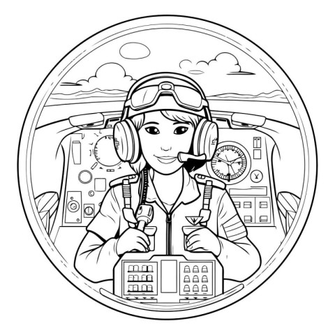 Black and white illustration of a female pilot in the cockpit of