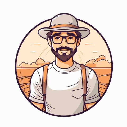 Hipster man with beard and mustache in hat and glasses in the fi