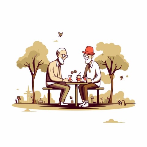 Elderly couple drinking coffee in the park. Vector illustration.