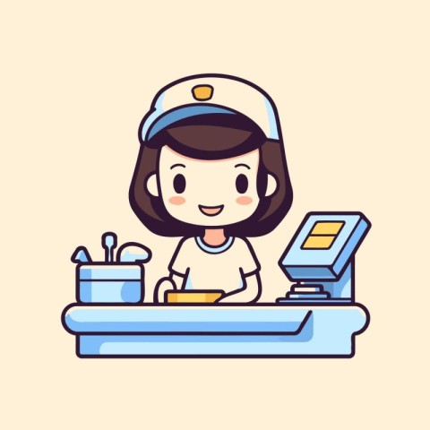 Cute nurse in uniform working at the cash register. Vector illus