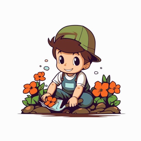 Cute little boy planting flowers in the garden. Vector illustrat