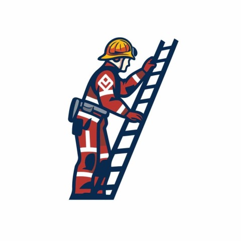 Firefighter on ladder. Vector illustration of fireman in helmet