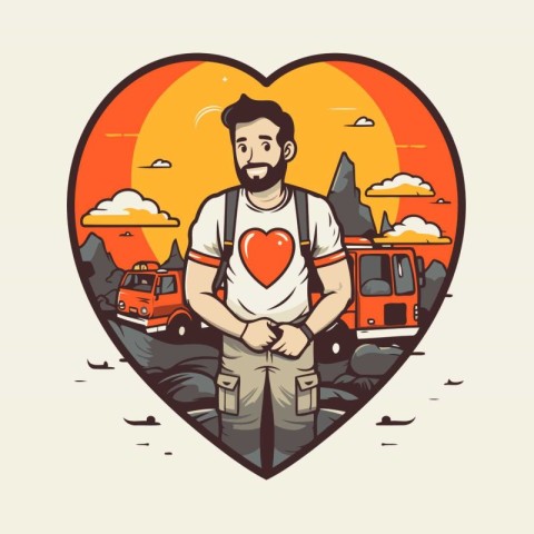 Hipster man with a beard holding a red heart in his hands on the