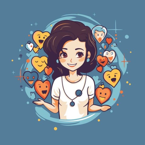 Vector illustration of a girl with hearts around her on a blue b