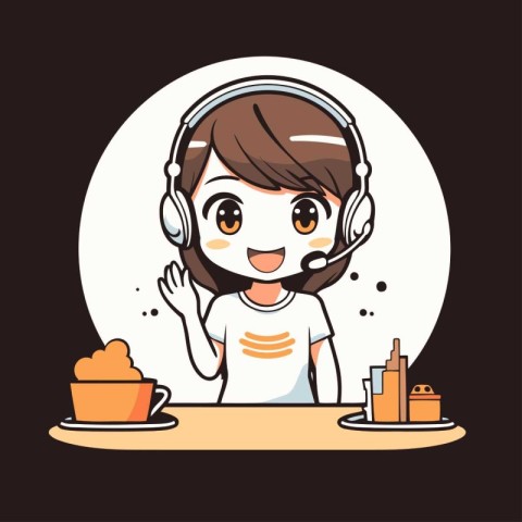 cute girl with headphone and cup of coffee. vector illustration.