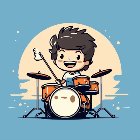 Cartoon boy playing drum set. Cute cartoon style vector illustra